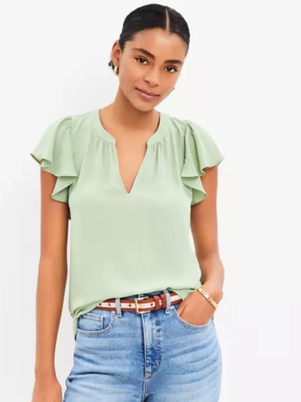 LOFT Flutter Sleeve V-Neck Mixed Media Blouse